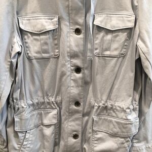 Talbots Light Blue Utility Jacket XL Button Zip Lots Pockets String Tie Inside